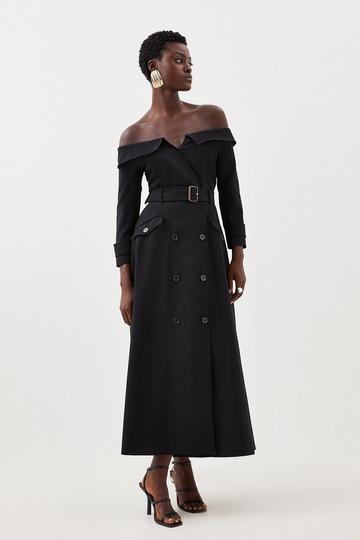 Black Tailored Off Shoulder Belted Double Breasted Pocket Detail Dress