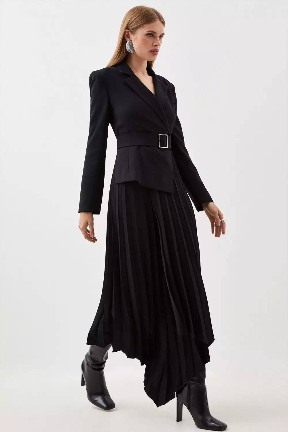 Tailored Blazer Belted Pleated Full Skirt Dress Karen Millen