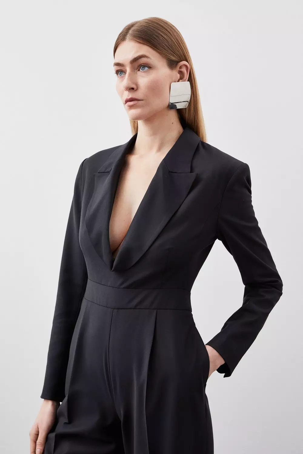 Wool Blend Curved Neckline Tailored Blazer Jumpsuit | Karen Millen