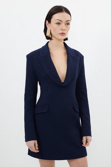 Navy Curved Neckline Tailored Blazer Dress