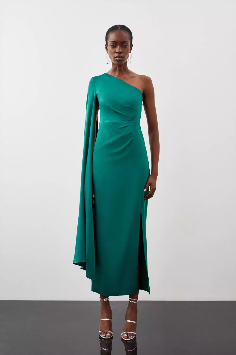 Emerald Tailored Satin Back Crepe Drape One Shoulder Maxi Dress  alternative image