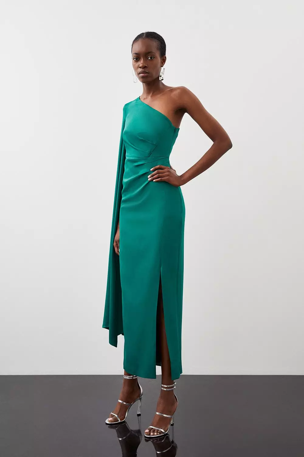 Emerald Tailored Satin Back Crepe Drape One Shoulder Maxi Dress  alternative image