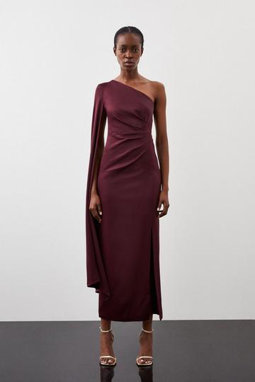 Tailored Satin Back Crepe Drape One Shoulder Maxi Dress wine