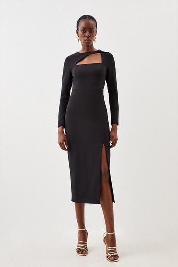 Black Tailored Stretch Crepe Asymmetric Panel Pencil Dress