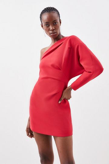 Red Compact Stretch Tailored One Shoulder Mini Dress