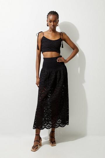 Beach Cotton Broderie Maxi Skirt And Top Co-ord black