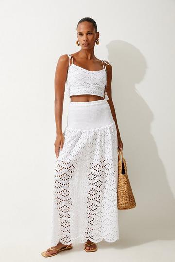 Beach Cotton Broderie Maxi Skirt And Top Co-ord white