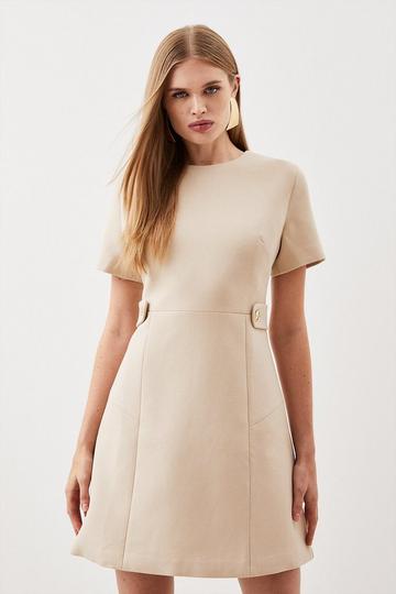 Tailored Compact Essential Waist Tab Detail Mini Dress camel