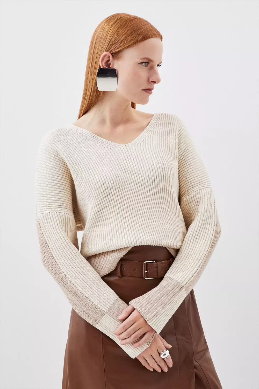 Cotton Plaited Viscose Blend Rib Knit Color Block V Neck Sweater | Karen  Millen