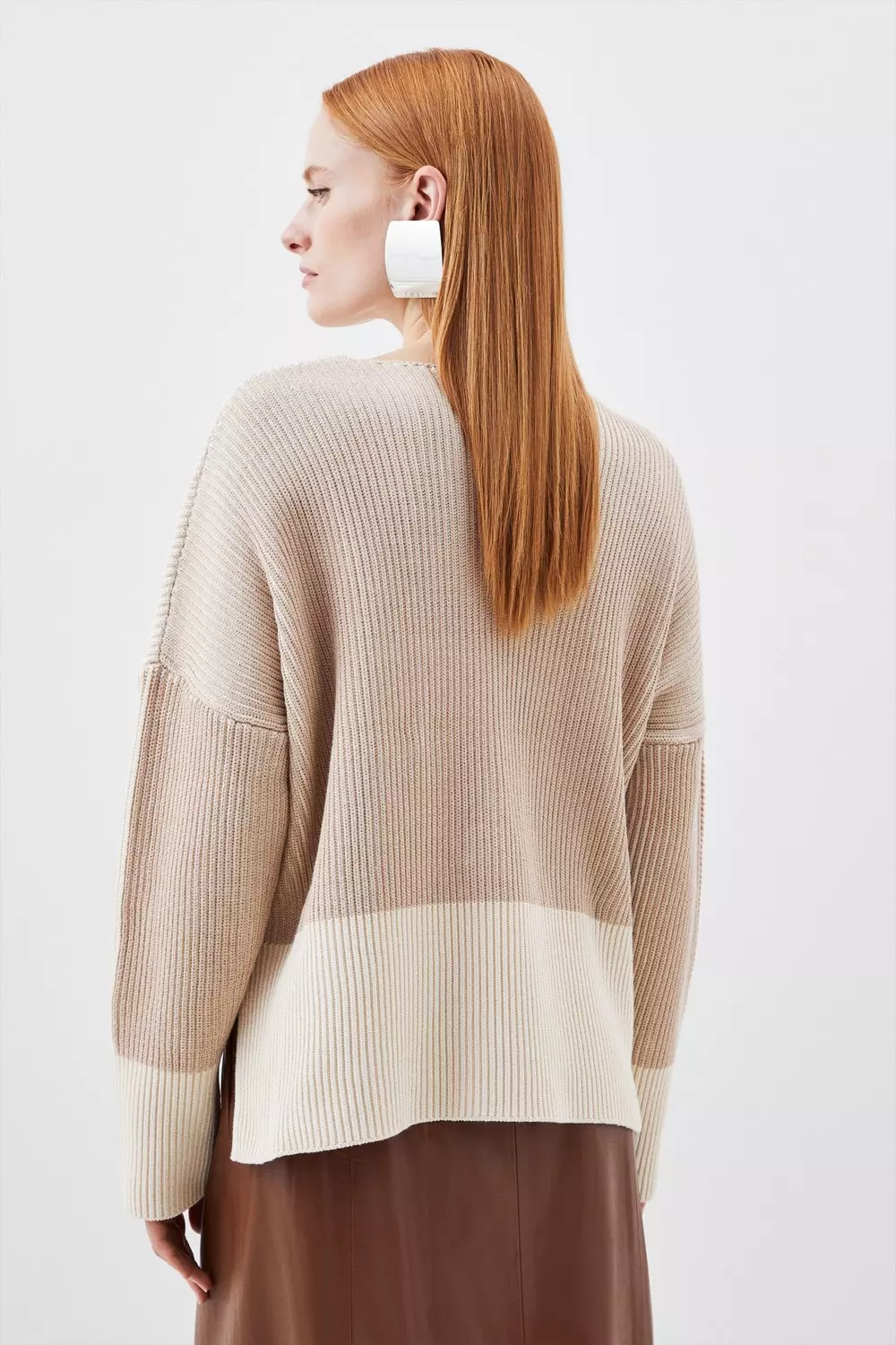 Cotton Plaited Viscose Blend Rib Knit Color Block V Neck Sweater | Karen  Millen