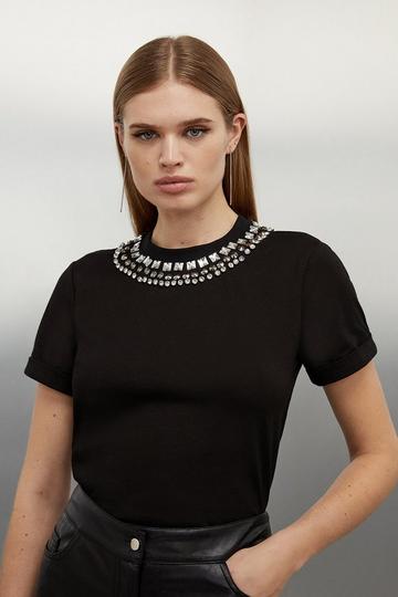 Diamante Trim Cotton T-shirt black