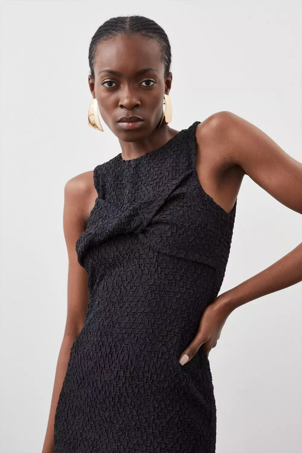 【KAREN MILLEN】リブ スウィートハートネック  ドレス 黒 Crinkle Jersey Sleeveless Midi Dress | Karen Millen