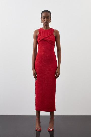 Red Crinkle Jersey Sleeveless Midi Dress