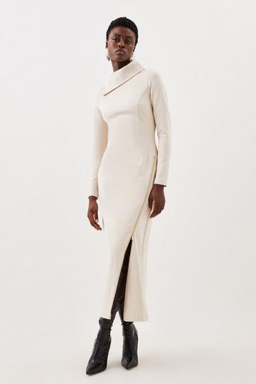 Cream White Ponte Zip Detail Midi Dress
