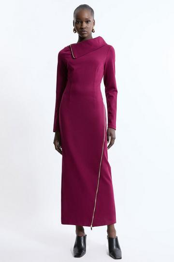 Ponte Zip Detail Midi Dress plum