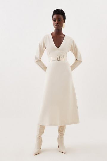 Cream White Ponte Belted Midi Dress
