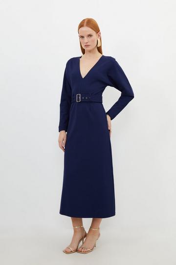 Navy Ponte Belted Midi Dress