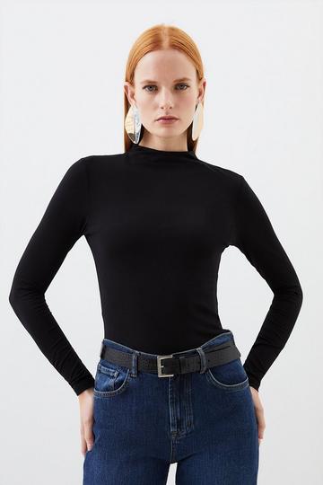 Stretch Cotton Funnel Neck Top black