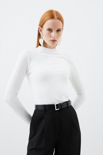 Stretch Cotton Funnel Neck Top white