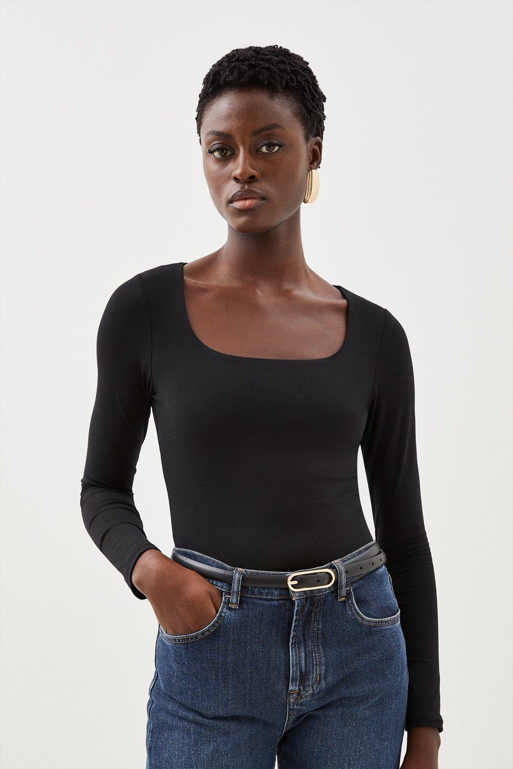 Stretch Cotton Square Neck Top | Karen Millen