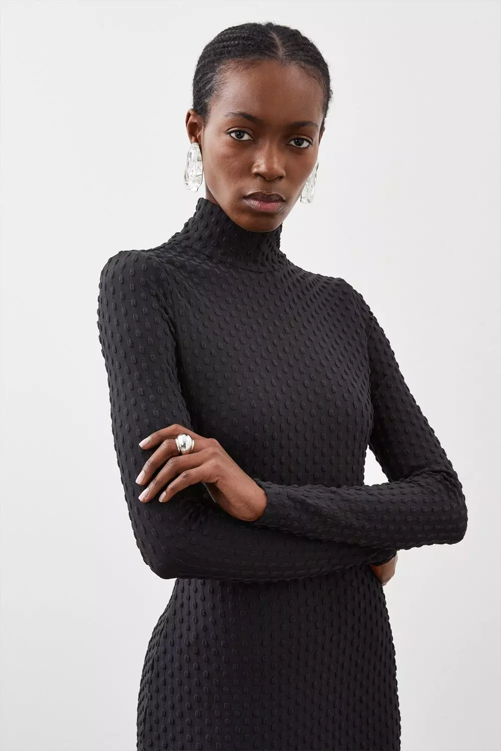 Premium Textured Jersey Roll Neck Dress Karen Millen