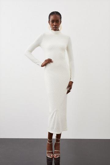 Premium Textured Jersey Turtleneck Dress ivory