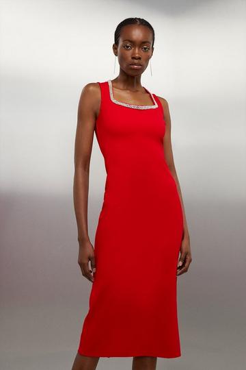 Red Diamante Trim Ponte Midi Dress