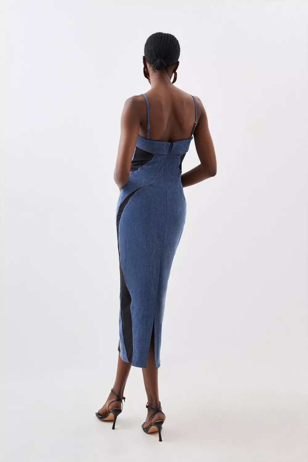 Stretch Denim And Mesh Panelled Midi Dress | Karen Millen