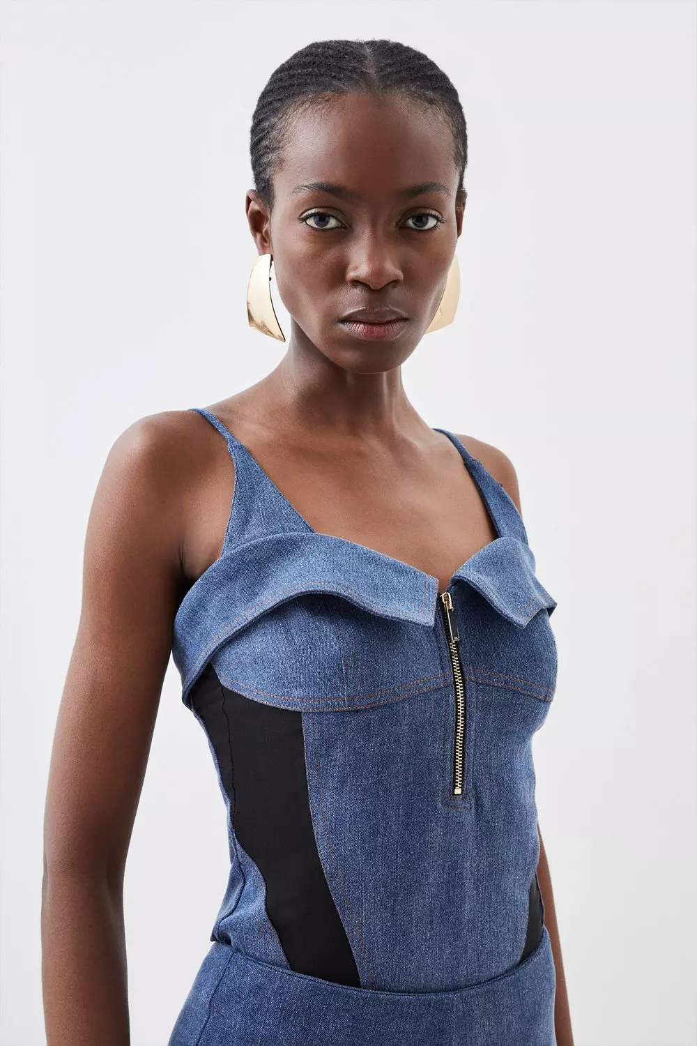 Stretch Denim And Mesh Zip Detail Bodysuit | Karen Millen