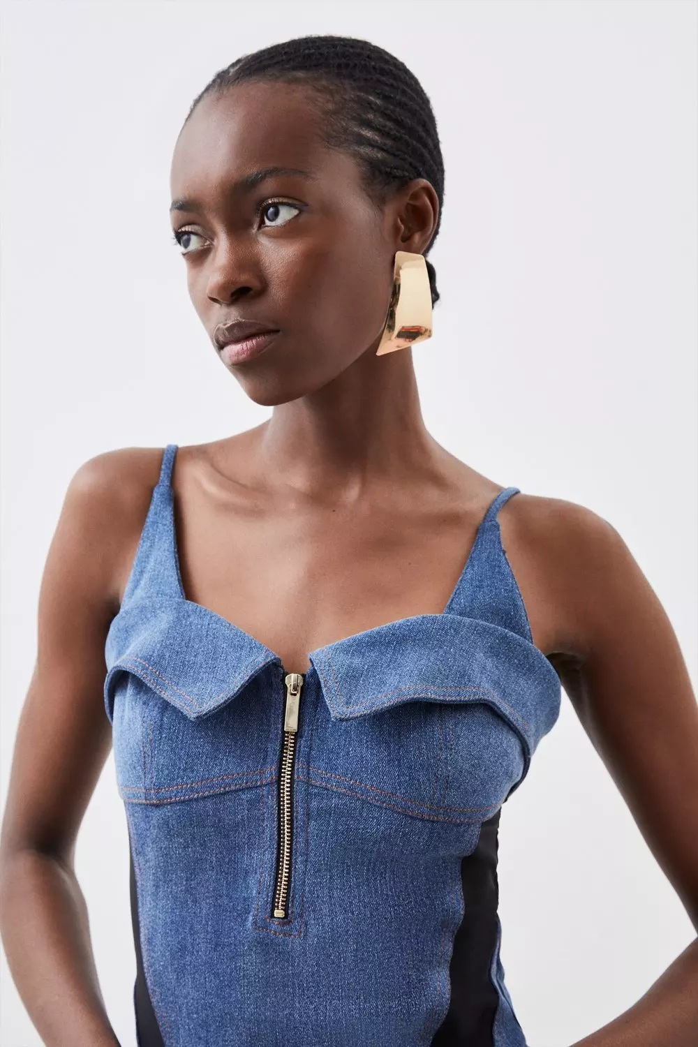 Stretch Denim And Mesh Zip Detail Bodysuit | Karen Millen