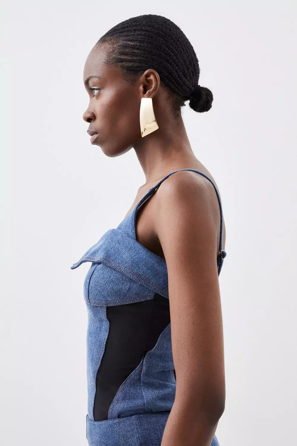 Stretch Denim And Mesh Zip Detail Bodysuit | Karen Millen