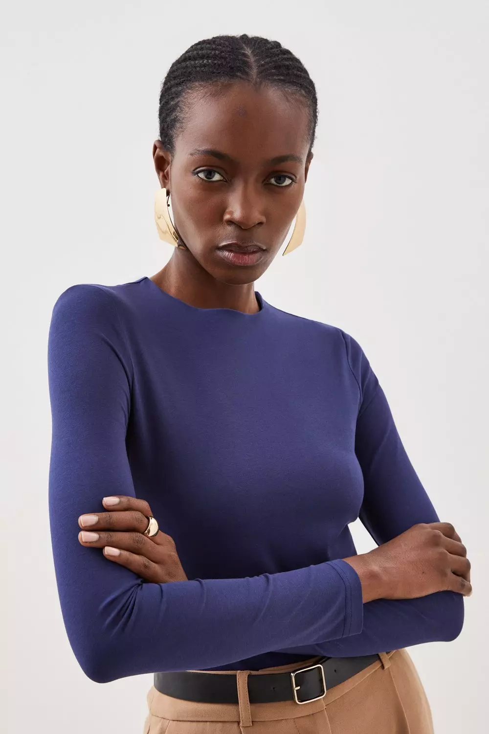 Navy Stretch Cotton Crew Neck Long Sleeve Top alternative image