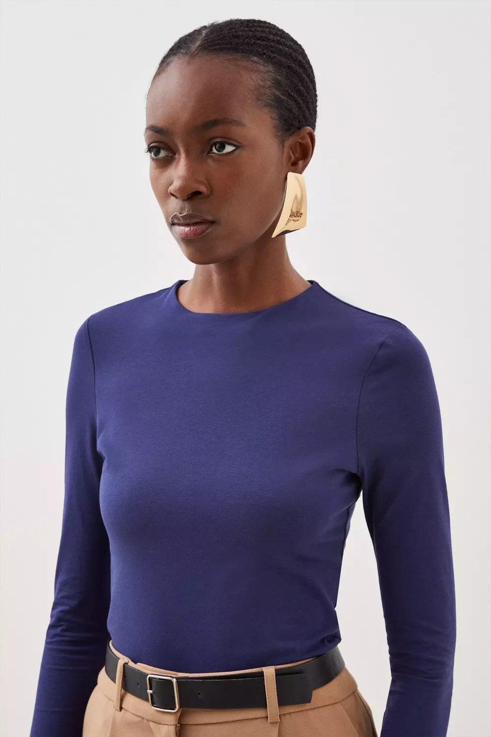 Stretch Cotton Crew Neck Long Sleeve Top | Karen Millen