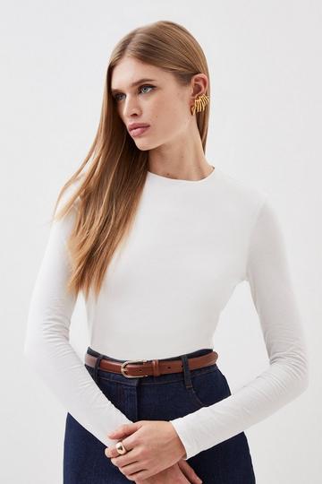 White Stretch Cotton Crew Neck Long Sleeve Top