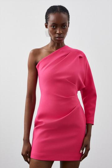 Compact Stretch Tailored One Shoulder Mini Dress hot pink