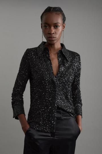 Black Stretch Sequin Collar Long Sleeve Shirt