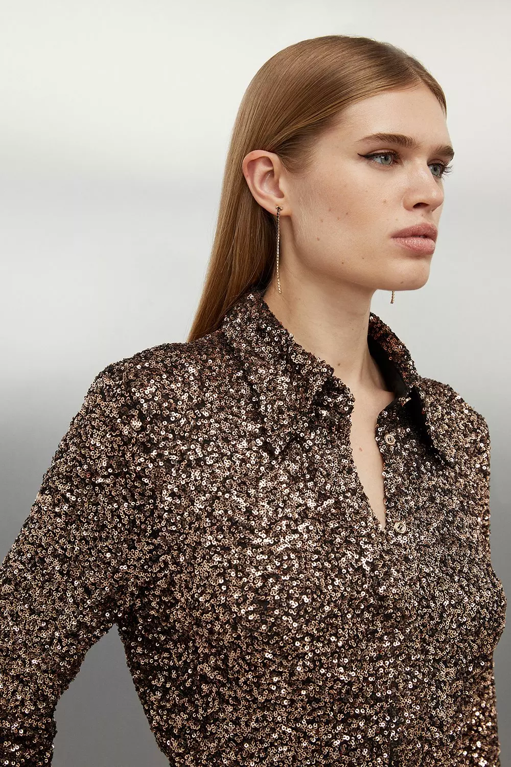 ❣️美品❣️Ameri BIG COLLAR SHINE SLEEVE SHIRTS Stretch Sequin Collar Long Sleeve Shirt | Karen Millen