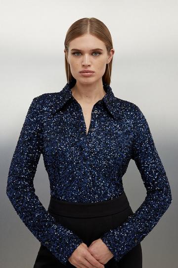 Stretch Sequin Collar Long Sleeve Shirt navy