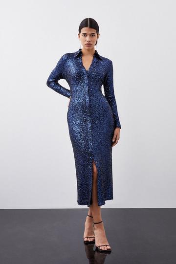 Stretch Sequin Collar Plunge Midaxi Dress navy