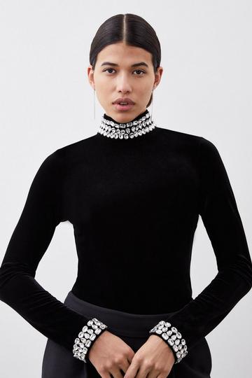 Stretch Velvet Crystal Embellished Long Sleeve Top black