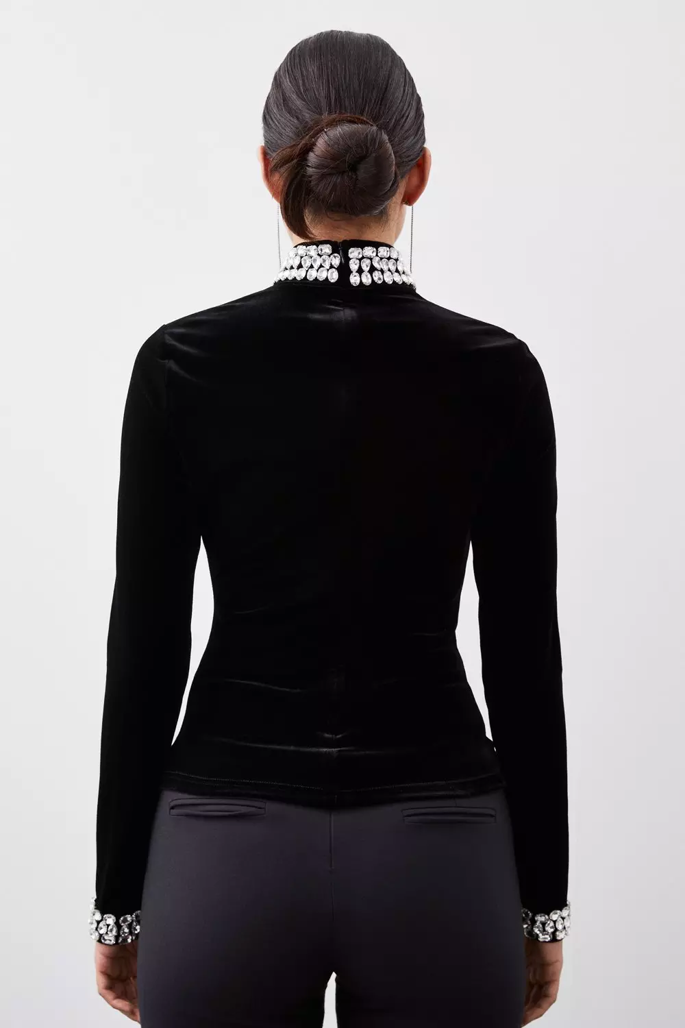 Stretch Velvet Crystal Embellished Long Sleeve Top | Karen