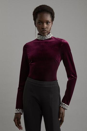 Stretch Velvet Crystal Embellished Long Sleeve Top plum