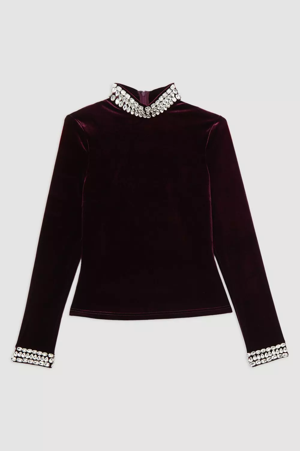 Stretch Velvet Crystal Embellished Long Sleeve Top | Karen