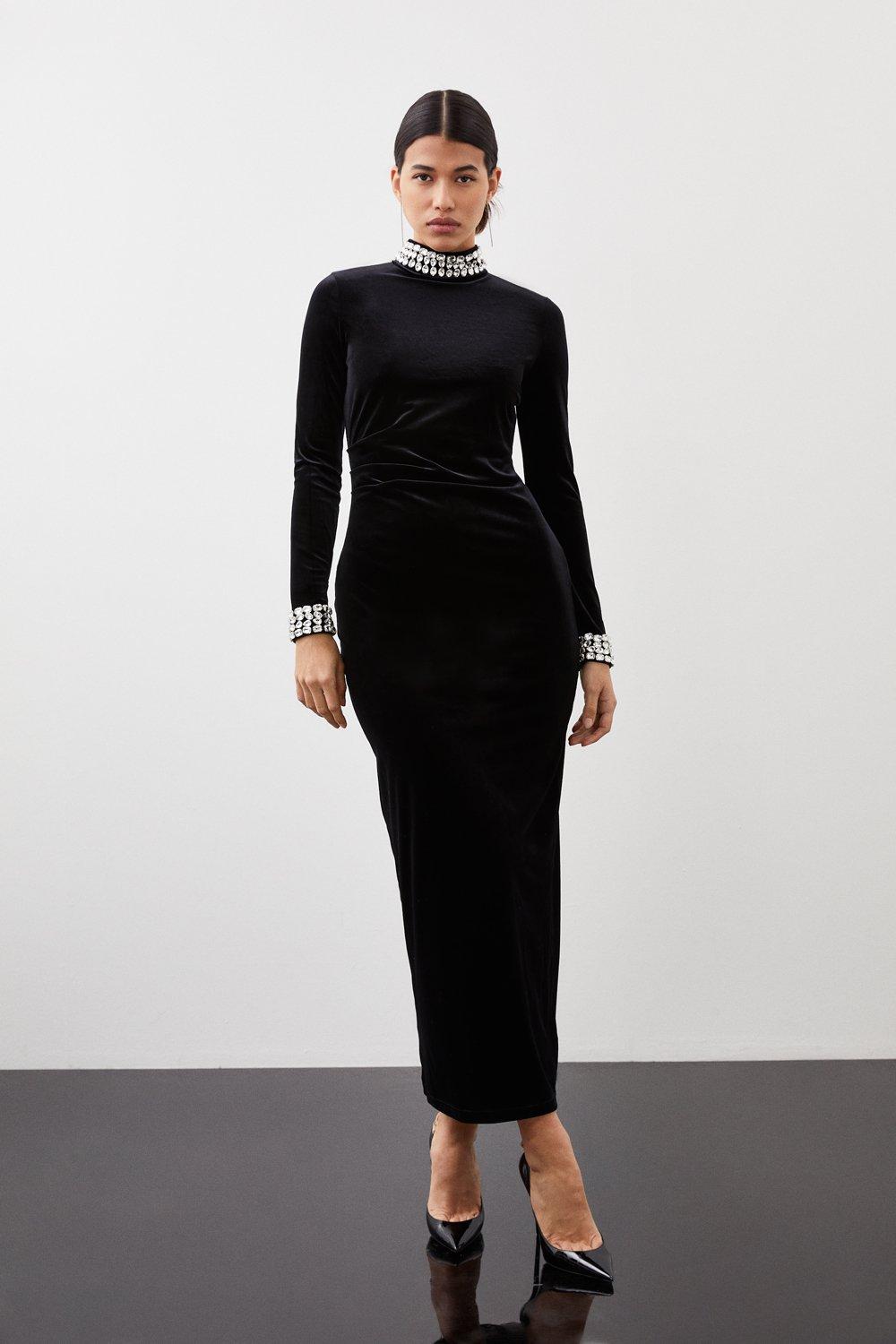 Stretch Velvet Crystal Embellished Long Sleeve Maxi Dress