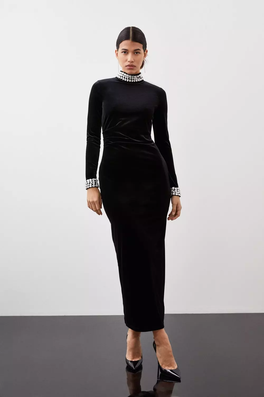 Stretch Velvet Crystal Embellished Long Sleeve Maxi Dress Karen Millen