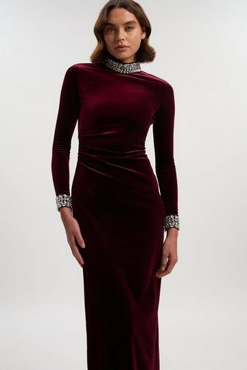Stretch Velvet Crystal Embellished Long Sleeve Maxi Dress burgundy