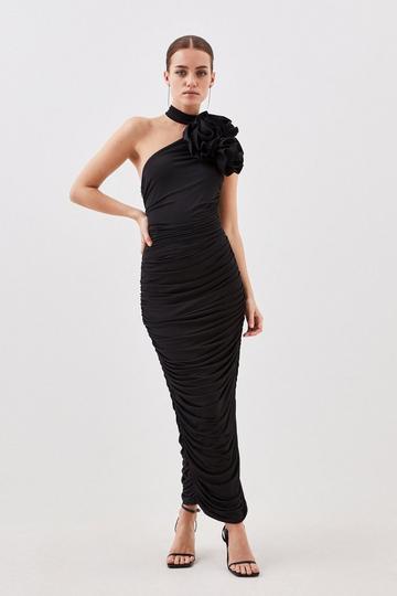 Petite Drapey Ruched Jersey Rosette Midi Dress black