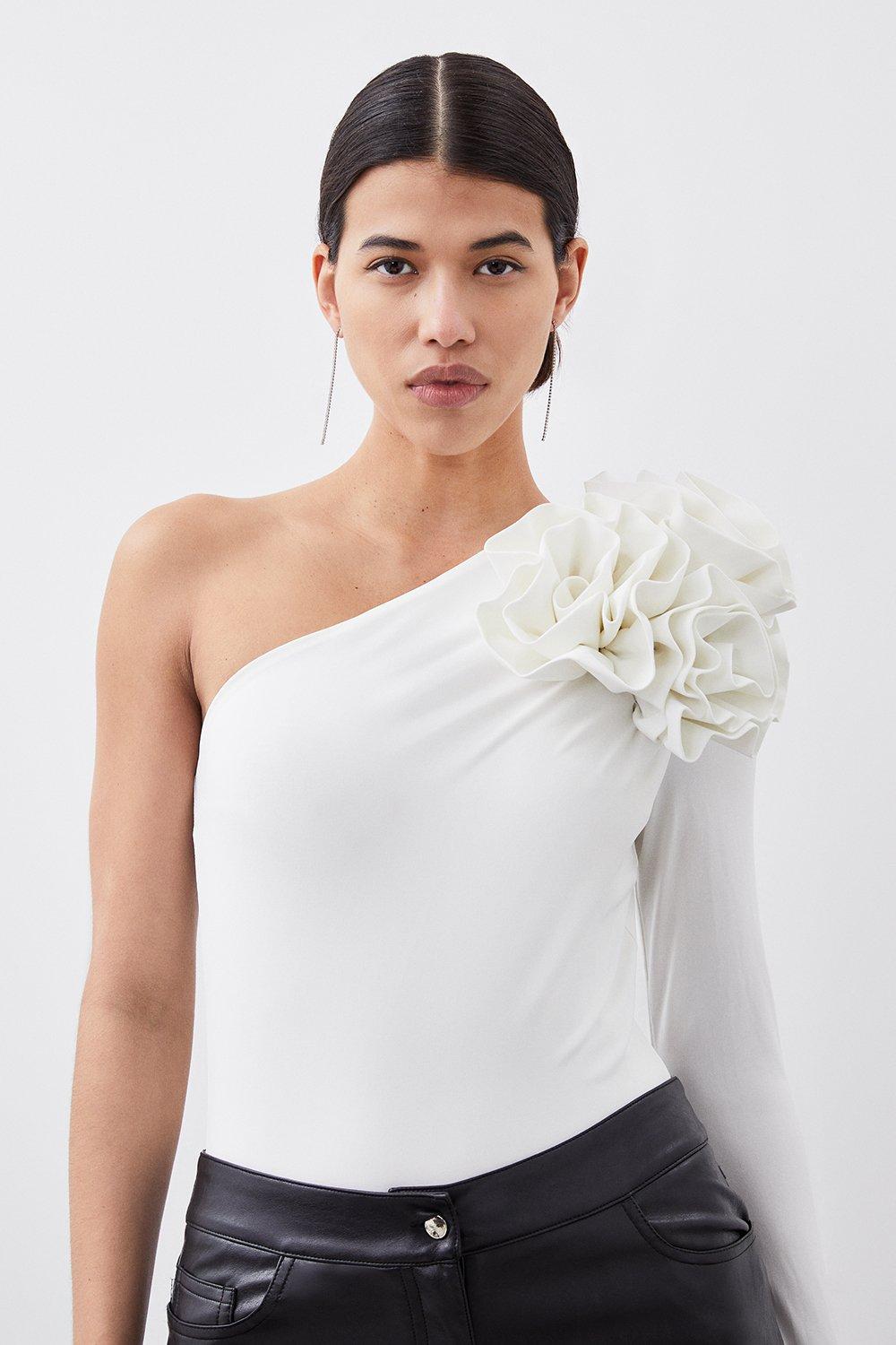 One Shoulder Drapey Ruched Jersey Rosette Bodysuit | Karen Millen