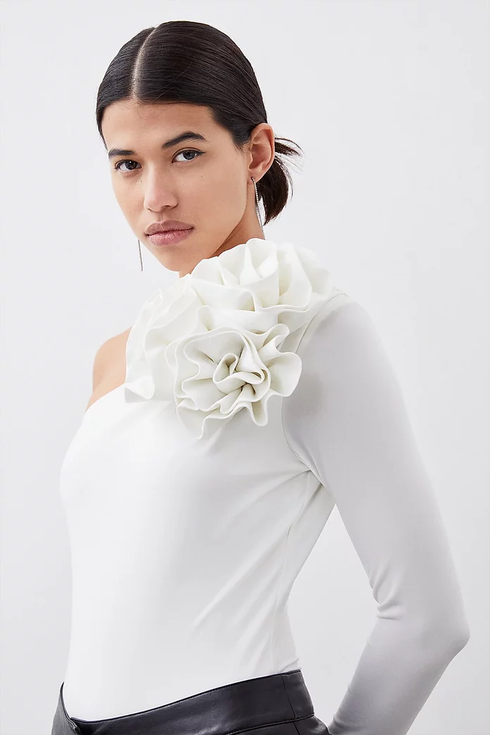 One Shoulder Drapey Ruched Jersey Rosette Bodysuit | Karen One Shoulder Drapey Ruched Jersey Rosette Bodysuit | Karen