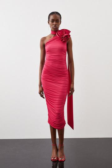 Drapey Ruched Jersey Rosette Midi Dress pink